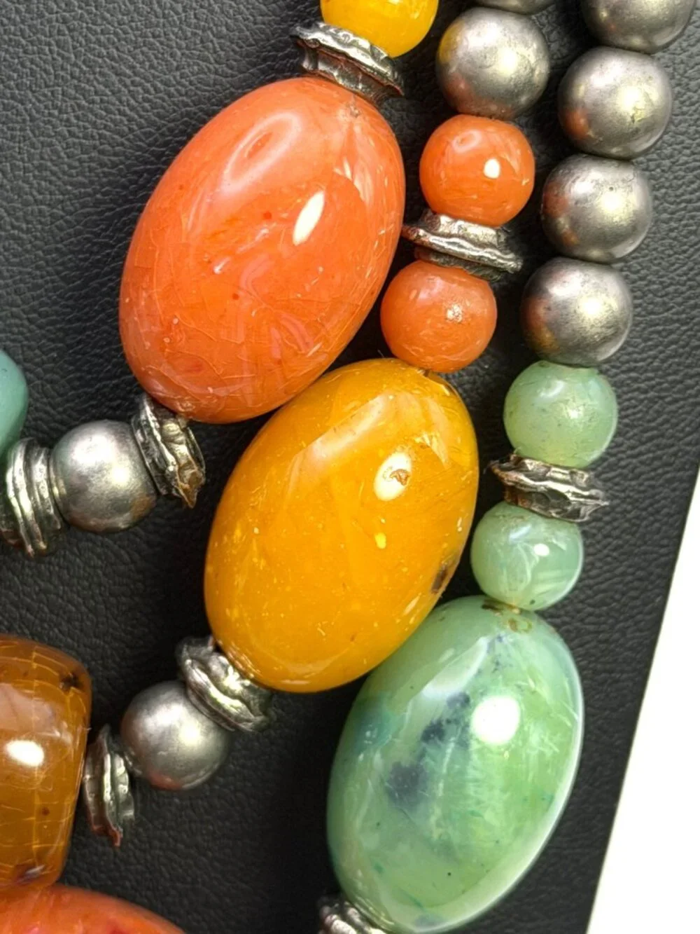 Vintage Chunky Resin Bead Necklace Multi Strand Orange Green Silver Tone 124g